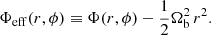 Mathematical equation: $$ \begin{aligned} \Phi _{\rm eff}(r,\phi ) \equiv \Phi (r,\phi ) - \frac{1}{2}\Omega _{\rm b}^2\,r^2 . \end{aligned} $$