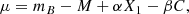Mathematical equation: $$ \begin{aligned} \mu = m_B - M + \alpha X_1 - \beta C, \end{aligned} $$