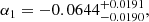Mathematical equation: $$ \begin{aligned} \alpha _1&= -0.0644^{+0.0191}_{-0.0190}, \end{aligned} $$