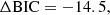 Mathematical equation: $$ \begin{aligned} \Delta \mathrm{BIC}&= -14.5, \end{aligned} $$