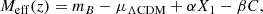 Mathematical equation: $$ \begin{aligned} M_{\rm eff}(z) = m_B - \mu _{\Lambda \mathrm{CDM}} + \alpha X_1 - \beta C , \end{aligned} $$