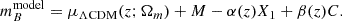 Mathematical equation: $$ \begin{aligned} m_B^\mathrm{model} = \mu _{\Lambda \mathrm{CDM}}(z; \Omega _m) + M - \alpha (z) X_1 + \beta (z) C . \end{aligned} $$