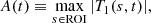 Mathematical equation: $$ \begin{aligned} A(t) \equiv \max _{s\in \mathrm{ROI} } |T_1(s,t)|, \end{aligned} $$