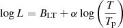 Mathematical equation: $ \log L = B_{\mathrm{LT}} + \alpha \log\left(\frac{T}{T_{\mathrm{p}}}\right) $