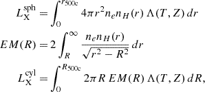 Mathematical equation: $$ \begin{aligned} L_{\rm {X}}^\mathrm{{sph}} =&\int _0^{r_{\rm {500c}}} 4\pi r^2 n_e n_H(r)\, \Lambda (T,Z)\, dr \nonumber \\ EM(R) =&\, 2\int _{R}^{\infty }\frac{n_e n_H(r)}{\sqrt{r^2 - R^2}}\,dr \nonumber \\ L_{\rm {X}}^\mathrm{{cyl}} =&\int _0^{R_{\rm {500c}}} 2\pi R\, EM(R)\, \Lambda (T,Z)\, dR, \end{aligned} $$