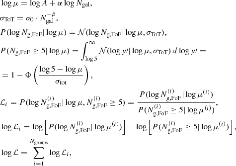 Mathematical equation: $$ \begin{aligned}&\log \mu = \log A + \alpha \log N_{\rm gal}, \nonumber \\&\sigma _{\rm ToT} = \sigma _0 \cdot N_{\rm gal}^{-\beta }, \nonumber \\&P(\log N_{\rm g,FoF} | \log \mu ) = \mathcal{N} (\log N_{\rm g,FoF} | \log \mu , \sigma _{\rm ToT}), \nonumber \\&P(N_{\rm g,FoF} \ge 5 | \log \mu ) = \int _{\log 5}^{\infty } \mathcal{N} (\log y\prime | \log \mu , \sigma _{\rm ToT}) \, d\log y\prime = \nonumber \\& = 1 - \Phi \left( \frac{\log 5 - \log \mu }{\sigma _{\rm tot}} \right), \nonumber \\&\mathcal{L} _i = P(\log N_{\rm g,FoF}^{(i)}| \log \mu , N_{\rm g,FoF}^{(i)} \ge 5) = \frac{P(\log N_{\rm g,FoF}^{(i)} | \log \mu ^{(i)})}{P(N_{\rm g,FoF}^{(i)} \ge 5 | \log \mu ^{(i)})}, \nonumber \\&\log \mathcal{L} _i = \log \left[ P(\log N_{\rm g,FoF}^{(i)} | \log \mu ^{(i)}) \right] - \log \left[ P(N_{\rm g,FoF}^{(i)} \ge 5 | \log \mu ^{(i)}) \right], \nonumber \\&\log \mathcal{L} = \sum _{i = 1}^{N_{\rm groups}} \log \mathcal{L} _i, \end{aligned} $$