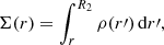 Mathematical equation: $$ \begin{aligned} \Sigma (r) = \int _r^{R_2} \rho (r\prime )\,\mathrm{d}r\prime , \end{aligned} $$