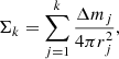 Mathematical equation: $$ \begin{aligned} \Sigma _k = \sum _{j = 1}^{k}\frac{\Delta m_j}{4\pi r_j^2}, \end{aligned} $$