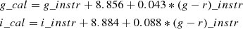 Mathematical equation: $$ \begin{aligned}&g\_{cal} = g\_{instr} + 8.856 + 0.043*(g-r)\_{instr} \nonumber \\&i\_{cal} = i\_{instr} + 8.884 + 0.088*(g-r)\_{instr} \end{aligned} $$