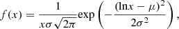 Mathematical equation: $$ \begin{aligned} f(x) = \frac{1}{x\sigma \sqrt{2\pi }}{\exp }\left(-\frac{(\mathrm{ln}x-\mu )^2}{2\sigma ^2}\right), \end{aligned} $$