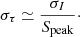 Mathematical equation: $$ \begin{aligned} \sigma _\tau \simeq \frac{\sigma _I}{S_{\rm peak}}\cdot \end{aligned} $$