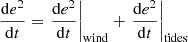 Mathematical equation: $$ \begin{aligned} \frac{\mathrm{d} e^2}{\mathrm{d} t} = \left.\frac{\mathrm{d} e^2}{\mathrm{d} t}\right|_{\rm wind} + \left.\frac{\mathrm{d} e^2}{\mathrm{d} t}\right|_{\rm tides} \end{aligned} $$