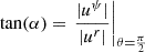 Mathematical equation: $$ \begin{aligned} \tan (\alpha ) = \left.\frac{|u^\psi |}{|u^r|}\right|_{\theta =\frac{\pi }{2}} \end{aligned} $$