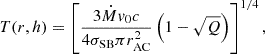 Mathematical equation: $$ \begin{aligned} T(r,h) = \left[ \frac{3\dot{M}v_0c}{4\sigma _\text{SB}\pi r_\mathrm{AC} ^2}\left(1-\sqrt{Q}\right) \right]^{1/4}, \end{aligned} $$