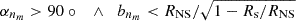 Mathematical equation: $$ \begin{aligned} \alpha _{n_m}>90\circ \quad \wedge \quad b_{n_m} < {R_\mathrm{NS} }/\sqrt{1-{R_\mathrm{s} }/{R_\mathrm{NS} }} \end{aligned} $$