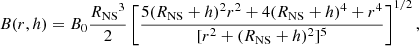 Mathematical equation: $$ \begin{aligned} B(r,h) = B_0\frac{{R_\mathrm{NS} }^3}{2} \left[ \frac{5({R_\mathrm{NS} }+h)^2r^2+4({R_\mathrm{NS} }+h)^4+r^4}{[r^2+({R_\mathrm{NS} }+h)^2]^5} \right]^{1/2}, \end{aligned} $$