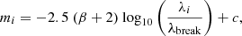 Mathematical equation: $$ \begin{aligned} m_{i} = -2.5\ (\beta +2)\ \mathrm{log}_{10} \left(\frac{\lambda _{i}}{\lambda _{\rm break}}\right)+c, \end{aligned} $$