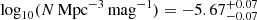 Mathematical equation: $ \mathrm{log}_{10}(N\,\rm Mpc^{-3}\,mag^{-1}) = -5.67^{+0.07}_{-0.07} $