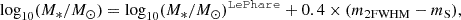 Mathematical equation: $$ \begin{aligned} \log _{10} (M_{*}/M_{\odot }) = \log _{10} (M_{*}/M_{\odot })^\mathtt{LePhare } + 0.4 \times (m_{\rm 2FWHM}-m_{\rm S}),{\quad } \end{aligned} $$