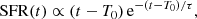 Mathematical equation: $$ \begin{aligned} \mathrm{SFR}(t) \propto (t-T_0)\,\mathrm{e}^{-(t-T_0)/\tau }, \end{aligned} $$
