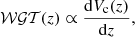 Mathematical equation: $$ \begin{aligned} \mathcal{WGT} (z) \propto \frac{\mathrm{d}V_{\rm c}(z)}{\mathrm{d}z}, \end{aligned} $$