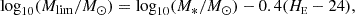 Mathematical equation: $$ \begin{aligned} \log _{10}(M_{\rm lim}/M_\odot ) = \log _{10}(M_{*}/M_\odot ) - 0.4(H_{\scriptscriptstyle \mathrm E} - 24), \end{aligned} $$