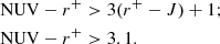 Mathematical equation: $$ \begin{aligned} \mathrm{NUV}-r^+&>3(r^+-J)+1; \nonumber \\ \mathrm{NUV}-r^+&>3.1. \end{aligned} $$