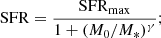 Mathematical equation: $$ \begin{aligned} \mathrm{SFR} = \frac{\mathrm{SFR}_{\rm max}}{1+(M_0/M_*)^{\gamma }}; \end{aligned} $$