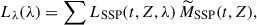 Mathematical equation: $$ \begin{aligned} L_\lambda (\lambda ) = \sum L_{\rm SSP}(t, Z, \lambda ) \, \widetilde{M}_{\rm SSP} (t, Z), \end{aligned} $$