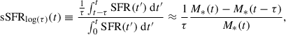 Mathematical equation: $$ \begin{aligned} \mathrm{sSFR}_{\log (\tau )}(t) \equiv \frac{ \frac{1}{\tau } \int _{t-\tau }^{t} \mathrm{SFR} (t^{\prime })\ \mathrm{d} t^{\prime } }{ \int _{0}^{t} \mathrm{SFR} (t^{\prime })\ \mathrm{d} t^{\prime } } \approx \frac{1}{\tau } \frac{ M_* (t) - M_* (t-\tau ) }{M_* (t)}, \end{aligned} $$