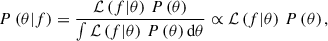 Mathematical equation: $$ \begin{aligned} P\left(\theta | f\right) = \frac{\mathcal{L} \left(f | \theta \right) \, P\left(\theta \right)}{\int \mathcal{L} \left(f | \theta \right) \, P\left(\theta \right)\mathrm{d} \theta } \propto \mathcal{L} \left(f | \theta \right)\, P\left(\theta \right), \end{aligned} $$