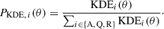 Mathematical equation: $$ \begin{aligned} P_{\mathrm{KDE},\,i}(\theta ) = \frac{\mathrm {KDE}_{i}(\theta )}{{ \sum_{{i}\in \{\mathrm{A,\,Q,\,R\}}} \mathrm{KDE}_{i}(\theta ) }}\cdot \end{aligned} $$