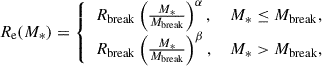 Mathematical equation: $$ \begin{aligned} {R_{\rm e}} (M_*) ={\left\{ \begin{array}{ll} R_{\rm break} \left( \frac{M_*}{M_{\rm break}} \right)^\alpha ,&\,M_* \le M_{\rm break}, \\ R_{\rm break} \left( \frac{M_*}{M_{\rm break}} \right)^\beta ,&\,M_* > M_{\rm break}, \\ \end{array}\right.} \end{aligned} $$