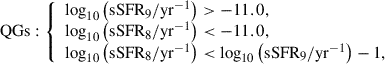 Mathematical equation: $$ \begin{aligned} \mathrm{QGs} : {\left\{ \begin{array}{ll} \log _{10}\left(\mathrm{sSFR} _{9} / \mathrm{yr}^{-1}\right) > -11.0, \\ \log _{10}\left(\mathrm{sSFR} _{8} / \mathrm{yr}^{-1}\right) < -11.0, \\ \log _{10}\left(\mathrm{sSFR} _{8} / \mathrm{yr}^{-1}\right) < \log _{10}\left(\mathrm{sSFR} _{9} / \mathrm{yr}^{-1}\right) - 1, \\ \end{array}\right.} \end{aligned} $$