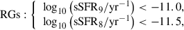 Mathematical equation: $$ \begin{aligned} \mathrm{RGs} : {\left\{ \begin{array}{ll} \log _{10}\left(\mathrm{sSFR} _{9} / \mathrm{yr}^{-1}\right) < -11.0, \\ \log _{10}\left(\mathrm{sSFR} _{8} / \mathrm{yr}^{-1}\right) < -11.5, \\ \end{array}\right.} \end{aligned} $$