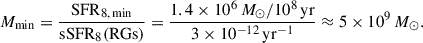 Mathematical equation: $$ \begin{aligned} M_{\rm min} = \frac{{\mathrm{SFR}_{8,\,\mathrm{min}}}}{\mathrm{sSFR} _{8} (\mathrm {RGs})} = \frac{1.4\times 10^6\,M_{\odot }/10^8\,{\mathrm{yr}}}{3\times 10^{-12}\,{\mathrm{yr}^{-1}}}\approx 5\times 10^{9}\,M_{\odot }. \end{aligned} $$
