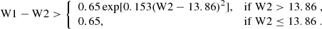 Mathematical equation: $$ \begin{aligned} \mathrm W1 - \mathrm W2 > {\left\{ \begin{array}{ll} 0.65 \exp [0.153(\mathrm W2-13.86)^2],&\mathrm {if}\ \mathrm W2>13.86\;,\\ 0.65,&\mathrm {if}\ \mathrm W2 \le 13.86\;.\\ \end{array}\right.} \end{aligned} $$
