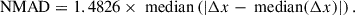 Mathematical equation: $$ \begin{aligned} \text{ NMAD} = 1.4826 \times \text{ median}\left( \left| \Delta x - \text{ median}(\Delta x) \right| \right).\end{aligned} $$