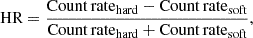 Mathematical equation: $$ \begin{aligned} \text{ HR} = \frac{\mathrm{Count\,rate}_{\mathrm{hard}}-\mathrm{Count\,rate}_{\text{soft}}}{\mathrm{Count\,rate}_{\text{hard}}+\mathrm{Count\,rate}_{\text{soft}}}, \end{aligned} $$