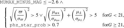 Mathematical equation: $$ \begin{aligned} \begin{aligned}&\mathtt {MUMAX\_MINUS\_MAG} \le -2.6 \; \wedge \\&\quad {\left\{ \begin{array}{ll} \sqrt{\displaystyle \left( \frac{\varpi }{\sigma _{\varpi }}\right)^2}>5 \vee \sqrt{\displaystyle \left(\frac{\mu _{\alpha *}}{\sigma _{\mu _{\alpha *}}}\right)^2+\displaystyle \left(\frac{\mu _{\delta }}{\sigma _{\mu _{\delta }}}\right)^2} >5&\text{ for} G < 21, \\ \mathtt {phz\_star\_prob} > 0.7&\text{ for} G \ge 21, \end{array}\right.} \end{aligned} \end{aligned} $$