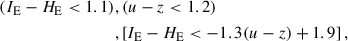Mathematical equation: $$ \begin{aligned} \left(I_{\rm E}-H_{\rm E}<1.1\right)&, \left(u-z <1.2\right)\nonumber \\&, \left[I_{\rm E}-H_{\rm E} < -1.3(u-z)+1.9\right], \end{aligned} $$