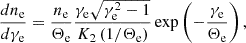 Mathematical equation: $$ \begin{aligned} \frac{d n_{\mathrm{e} }}{d \gamma _{\mathrm{e} }}=\frac{n_{\mathrm{e} }}{\Theta _{\mathrm{e} }} \frac{\gamma _{\mathrm{e} } \sqrt{\gamma _{\mathrm{e} }^{2}-1}}{K_{2}\left(1 / \Theta _{\mathrm{e} }\right)} \exp \left(-\frac{\gamma _{\mathrm{e} }}{\Theta _{\mathrm{e} }}\right), \end{aligned} $$