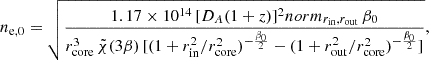 Mathematical equation: $$ \begin{aligned} n_{\mathrm{e},0} = \sqrt{ \frac{1.17 \times 10^{14}\, [D_A(1+z)]^2 norm_{r_{\rm in},r_{\rm out}} \, \beta _0}{r_{\mathrm{core}}^3 \, \tilde{\chi }(3 \beta ) \, [ ( 1 + r_{\rm in}^2/r_{\mathrm{core}}^2)^{-\frac{\beta _0}{2}} - ( 1 + r_{\rm out}^2/r_{\mathrm{core}}^2)^{-\frac{\beta _0}{2}} ]} }, \end{aligned} $$