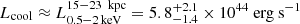 Mathematical equation: $ L_{\mathrm{cool}} \approx L_{\mathrm{0.5-2\,keV}} ^{15{-}23\,\mathrm{\ kpc}} = 5.8_{-1.4}^{+2.1} \times 10^{44}\ \mathrm{erg\ s}^{-1} $