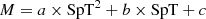 Mathematical equation: $$ \begin{aligned} M = a\times \mathrm{SpT} ^2 + b \times \mathrm{SpT} + c \end{aligned} $$