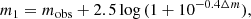 Mathematical equation: $$ \begin{aligned} m_1 = m_{\mathrm{obs} } + 2.5\log {(1 + 10^{-0.4 \Delta m})}, \end{aligned} $$