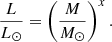 Mathematical equation: $$ \begin{aligned} \frac{L}{L_\odot } = \left( \frac{M}{M_{\odot }} \right)^x. \end{aligned} $$