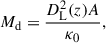 Mathematical equation: $$ \begin{aligned} M_{\rm d} = \frac{D_{\rm L}^2(z)A}{\kappa _0}, \end{aligned} $$