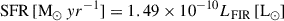 Mathematical equation: $$ \begin{aligned} \mathrm{SFR} \,[\mathrm M_{\odot }\,yr^{-1} ] = 1.49 \times 10^{-10} L_{\rm FIR}\,[\mathrm L_{\odot } ] \end{aligned} $$