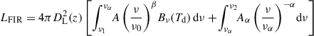 Mathematical equation: $$ \begin{aligned} L_{\rm FIR} = 4 \pi D_{\rm L}^2(z) \left[ \int _{\nu _1}^{\nu _{\alpha }}\!\!A \left( \frac{\nu }{\nu _0} \right)^{\beta }\!B_{\nu }(T_{\rm d})\,\mathrm{d}\nu +\!\int _{\nu _{\alpha }}^{\nu _2}\!\!A_{\alpha } \left( \frac{\nu }{\nu _{\alpha }} \right)^{-\alpha }\!\mathrm{d}\nu \right] \end{aligned} $$